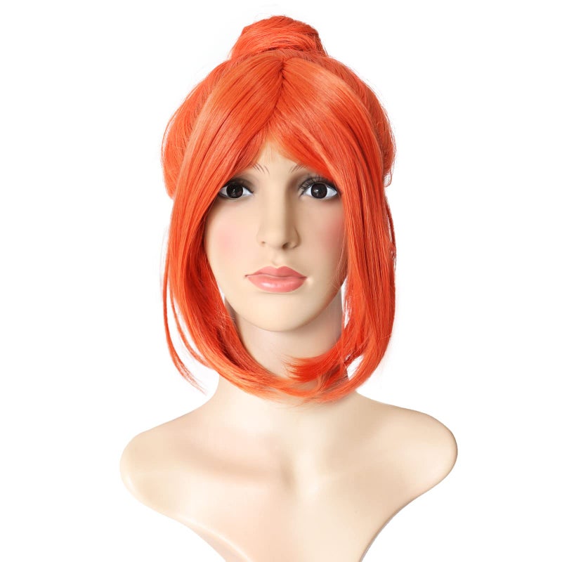 Prettybuy 13" Synthetic Orange Hair Short Straight Bob wig with Bangs with One Hair Bun Wig Heat Resistance Fiber Wig for Daily Use, Cosply, Parties and Halloween - Image 1